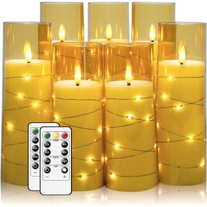 Flameless Candles,with Embedded Star String, Battery Operated Candles Flickering LED Pillar Candles with Remote Control and Timer, Home Decoration Add a Warm and Romantic Atmosphere，Set of 7 (Gold)