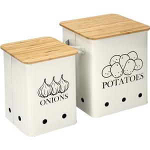 Potato Onion Storage Bin, Kitchen Storage Canister Set of 2, Kitchen Pantry Organizer Tin - Vegetable Fresh Keeper with Aerating Tin Storage Holes & Wooden Lid (White)