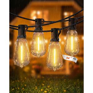 Outdoor String Lights, 54FT Waterproof Patio Lights with 15+1 ST38 LED Bulbs Shatterproof, Warm White 2700K, Dimmable Hanging Connectable Outdoor Lights for Backyard, Balcony, Porch, Deck