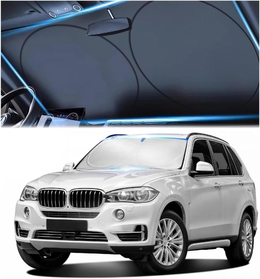 Windshield Sun Shade, Reflective Sunshade for Car Windshield with Mirror Cut-Out, Blocks 99% UV Rays & Keeps Vehicle Cool, Fits Cars, Trucks, SUVs & Vans, Fade-Resistant, (Medium)