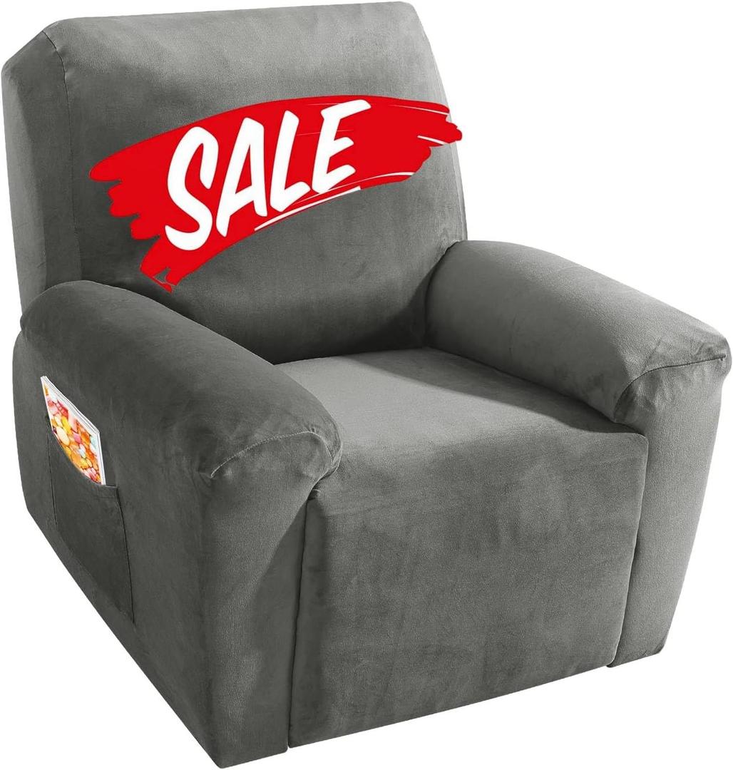 MAXIJIN Velvet 4 Piece Recliner Cover Stretch Plush Soft Cover for Chair Thick Soft Recliner Slipcover Separate Chair Cover with Side Pocket (Recliner, Gray) (Grey)
