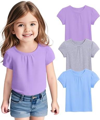 ZUEMET 1 Pack Toddler Girls Short Sleeve Shirts Pleated Neck Cotton T-Shirts Baby Girl Summer Tee Tops Size 4T