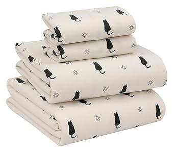 RUVANTI Flannel Sheets Queen Size - 100% Cotton Double Brushed Bed Sheets, Deep Pockets 16 Inches Queen Sheet Set, All Seasons Breathable & Extra Soft - Warm & Cozy, 4 Piece, Black Cat