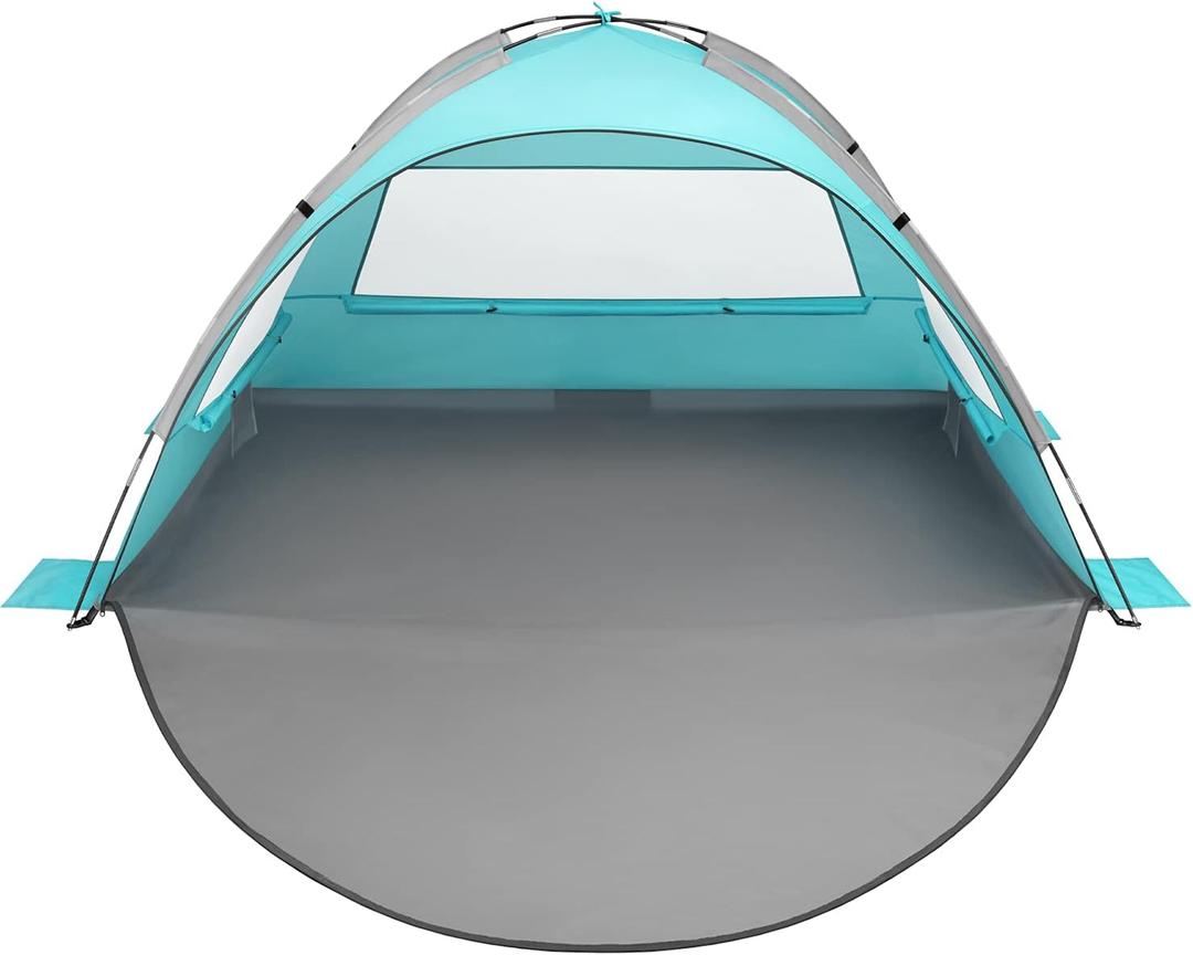 Oileus Beach Tent 2-3 Person Portable Sun Shade Shelter UV Protection, Extended Floor Ventilating Mesh Roll Up Windows Carrying Bag Stakes 6 Sand Pockets Fishing Hiking Camping, Sky Blue