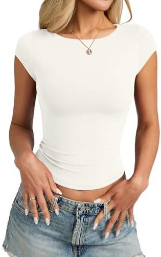 EasyGala Womens Double Lined Cap Sleeve Tops Cute Boat Neck T Shirts Slim Fitted Going Out Tees Y2k Summer Clothes 2026, Medium