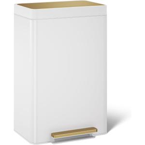 Kohler 13-Gallon Stainless Steel Step Trash Can, White Stainless Steel & Moderne Brushed Brass, Hands-Free Pedal, Quiet-Close Lid, K-20940-WMB