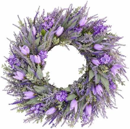 26" Large Spring Wreaths For Front Door-Large Lavender Tulip Easter Wreath Flower Wreath Summer Spring Door Wreaths Outdoor All Season Spring Decoration for Home Porch Room Window Wall Farmhouse Decor