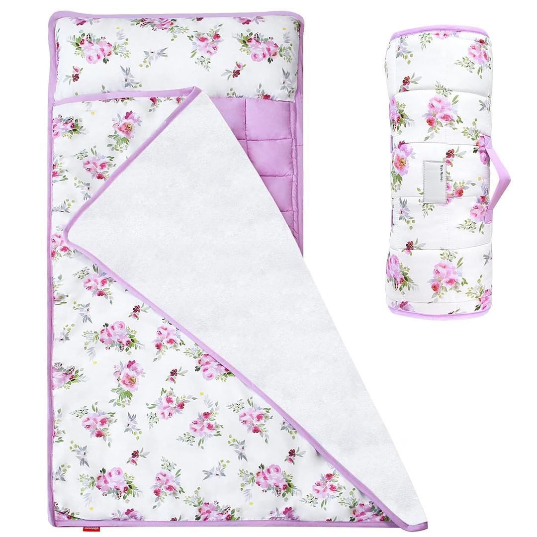 Toddler Nap Mat for Girls Floral, Toddlers Sleeping Mat with Fleece Blanket, Lightweight Perfect for Toddlers Preschool, Daycare, Travel Sleeping Bag, Fit Standard Cot