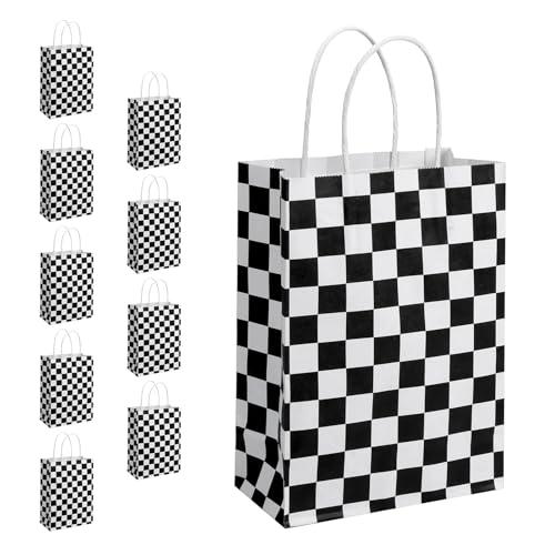 JasperKino 10 Pcs Checkered Racing Treat Bags Race Car Party Favors Bag with Handles Black and White Checkered Racing Flag Candy Bags Goodie for Race Car Themed Birthday Party Supplies