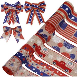AnyDesign Patriotic Wired Edge Ribbon 36 Yards Retro American Flag Fabric Ribbon 2.5 Inch 4th of July Star Stripe Wrapping Ribbons for 250th Anniversary Independence Day Wreath Bow DIY Crafts, 6 Roll