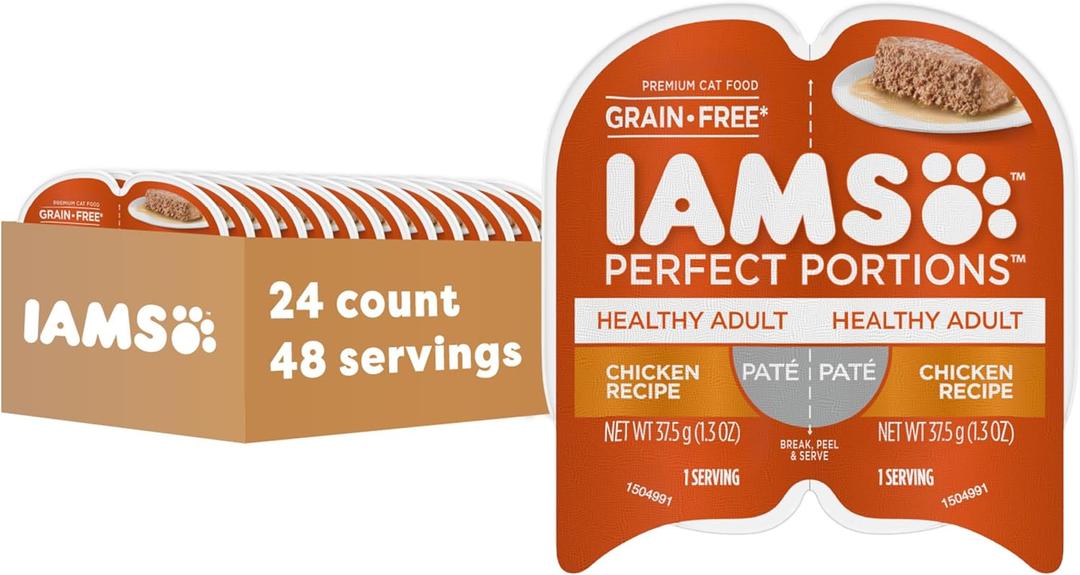 IAMS Perfect Portions Sensitive Digestion & Skin Wet Cat Food Pate, Healthy Adult Grain Free Pate, Chicken Recipe, 2.6 oz. (24 Twin Packs), BBD 02/08/28