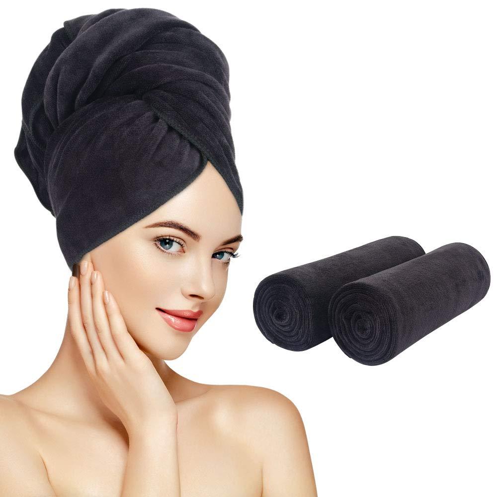 SUNLAND Microfiber Hair Towels Anti Frizz Hair Drying Towel Super Absorbent Fast Drying Turbans for Wet Curly Hair Soft Hair Towel Wrap with Elastic Band for All Hair Types 40 X 20 inches 2Pack Black