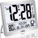 Digital Wall Clock Battery Operated with Backlight, Atomic Alarm Clocks with Indoor Temperature & Humidity for Bedrooms, Office, 8.5" Small Desk Clock with Large Display for Seniors, Auto DST, Sliver