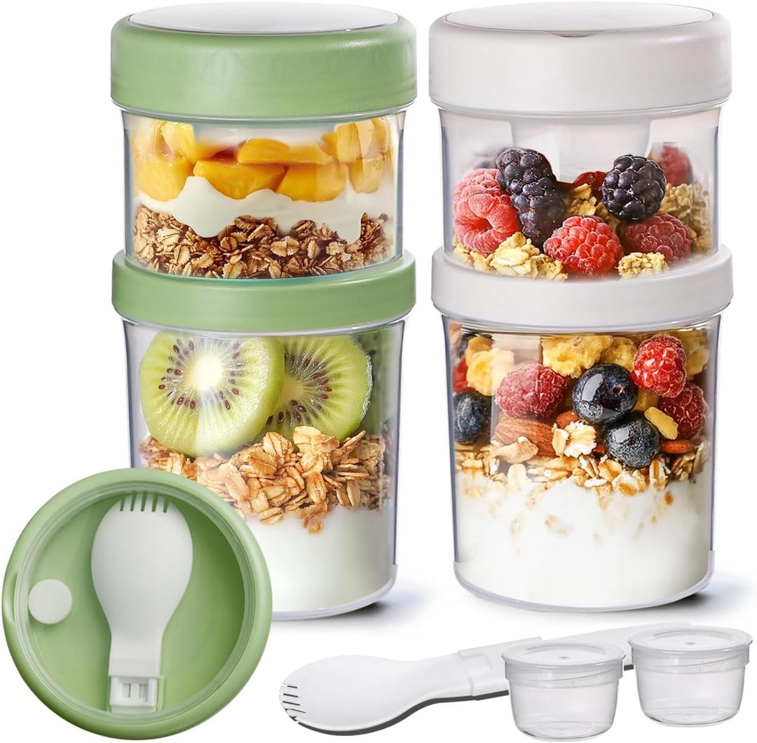 ComSaf 2 Pack Overnight Oats Containers with Lids 27 oz, Plastic Yogurt Parfait Cups with Folding Spoons to Go, Dual-Layer Chia Pudding Jars Reusable with Granola Holder for Snack, Meal Prep, Sala