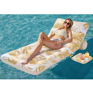 SLOOSH Adjustable Backrest Pool Floats - Tropical Leaves Pool Lounger Floaties Adults with Cup Holders, Inflatable Tanning Float Rafts Chair Beach Lake Floating Above Water Keep Cool (Champagne)
