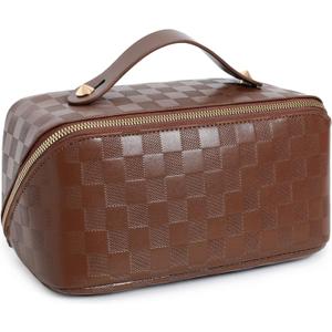 Large Capacity Checkered Makeup Bags Portable Travel Cosmetic Bags Open-Flat Toiletry Waterproof Bag for Women Girls Make up Organizer with Divider and Handle Pouch Zipper Bag (A-Brown)