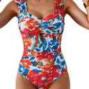 Eomenie Women's One Piece Swimsuit Tummy Control Cutout Bathing Suit Push Up Wide Straps Swim Suit (Medium, Red Blue Floral)