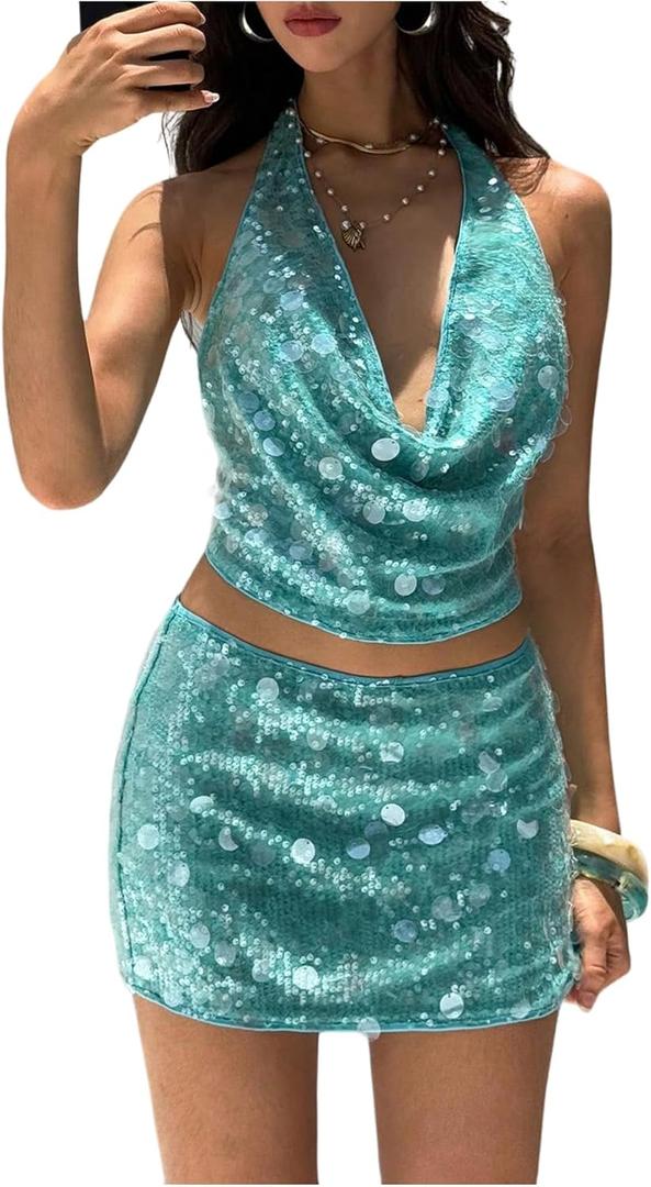 Floerns Women's Sequin Halter Tops Sleeveless Deep V Neck Beaded Club Night Out Tank Top Green Medium