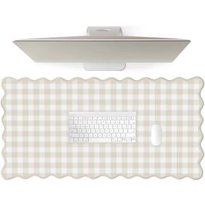 Scalloped Beige Checkered Gingham Desk Mat Cute Pastel Large Mouse Pad Kawaii Cottagecore Vintage Rustic Keyboard Pad Computer Mat for Desktop Aesthetic Cozy Office Desk Decor