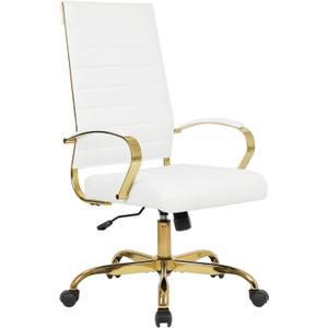 LANDSUN Home Office Chair High Back Executive Chair Ribbed PU Leather Computer Desk Chair with Armrests Soft Padded Adjustable Height Swivel Conference Gold Frame White