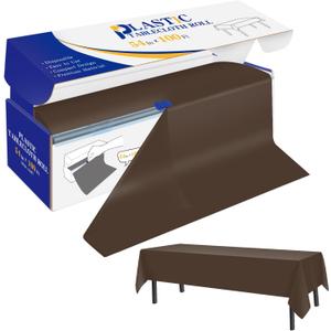 YSYJ Plastic Table Cover Roll Brown Disposable Table Cloth 54 in x 100 Ft, Plastic Table Cloths with Slide Cutter, Table Cover for Parties