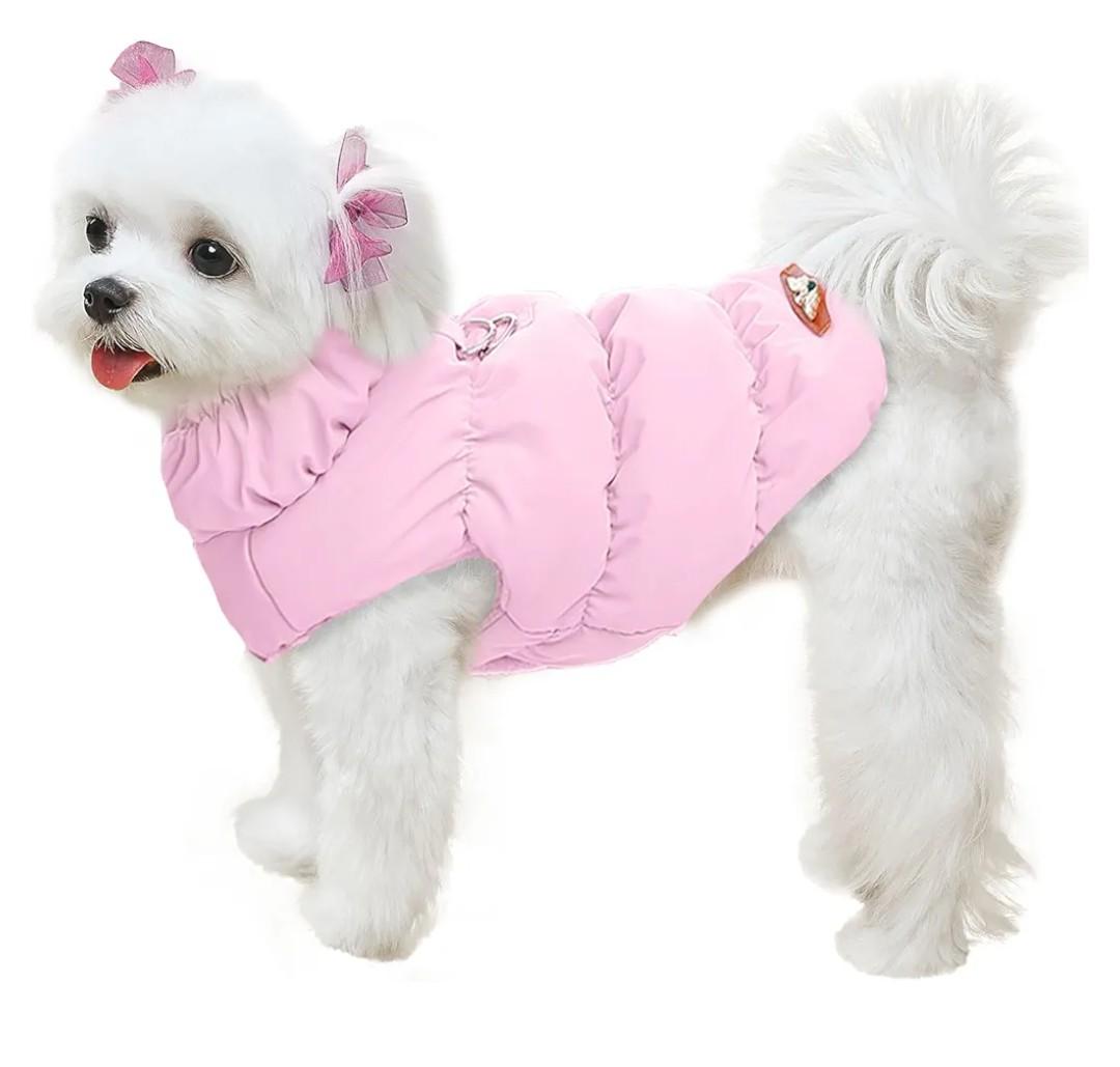 Winter Warm Dog Jacket for Small Dogs Cat Cold Weather Coats with Harness Paded Dogs Fleece Vest Waterproof Windproof Dog Snow Jacket Pet Puppy Clothes (Pink,S)