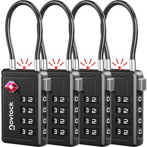 TSA Approved Luggage Locks | Inspection Indicator, 4-Digit Combination, Durable Zinc Alloy | for Suitcases, Backpacks, Travel Bags | Black, 4-Pack