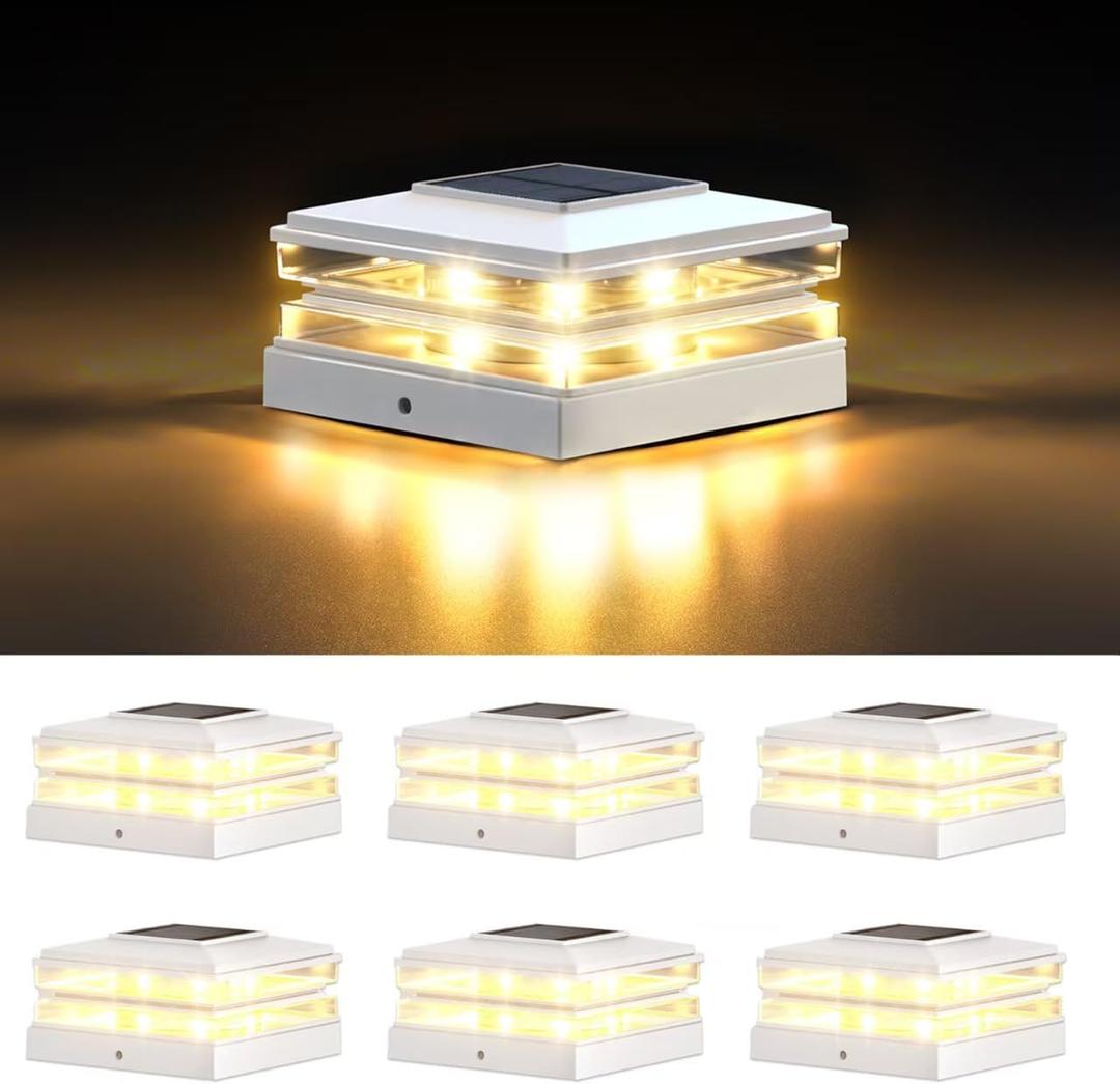 4x4 Solar Post Cap Lights Outdoor Waterproof 6 Pack Fence Deck Post Lights with High-Brightness LEDs, Dual Light Modes Warm White & Cool White. (Classic White, 6)
