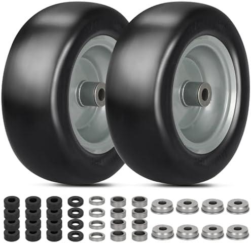 2 PCS 11x4.00-5" Lawn Mower Tires Flat Free,3/4" 5/8" 1/2" Bushing,3.4"-4"-4.5"-5" Centered Hub,Universal Fit Smooth Tread Tire for Zero Turn Lawn Mowers, with Universal Adapter Kit (Gray Rim)