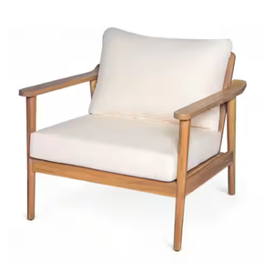 Wood Outdoor Lounge Chair,Modern Patio Chaise Lounge Chair with Beige Cushion for Poolside,Garden,Backyard,Lawn in Teak