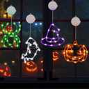 4 Pack Halloween Decorations, Orange Pumpkin, White Ghost, Purple Witch Hat, Green Spider Lights, Battery Operated Halloween Window Lights with Suction Cup and Timer for Decor