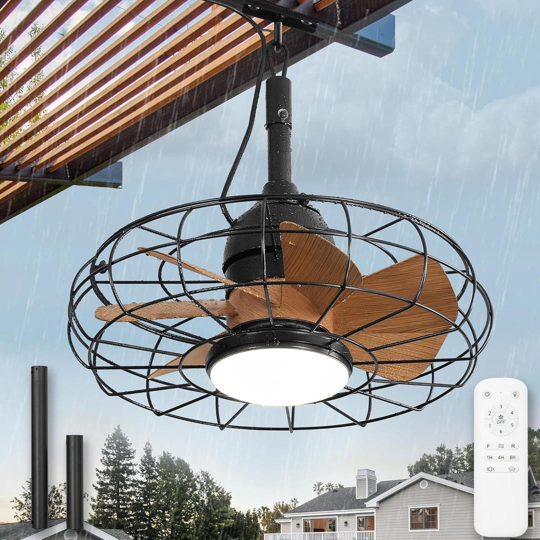ZMISHIBO Outdoor Ceiling Fans with Lights for Patios, Plug in Gazebo Ceiling Fan with Remote Control,Waterproof Caged Hanging Fans with Hook 3CCT 6-Speed for Porch Pergola