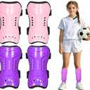 Kids Soccer Shin Guards 2 Pairs Youth Soccer Gear with Straps Protective Shin Pads for Boys and Girls Toddler Soccer Equipment (Small, Dust Pink+Purple)