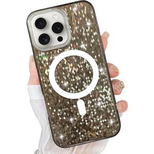 PERRKLD for iPhone 16 Pro Max Case Magnetic, Compatible with Magsafe, Crystal Diamond Grid Glitter Design Bling Sparkly Shiny for Women Girls Soft Slim Protective Phone Cover, Black