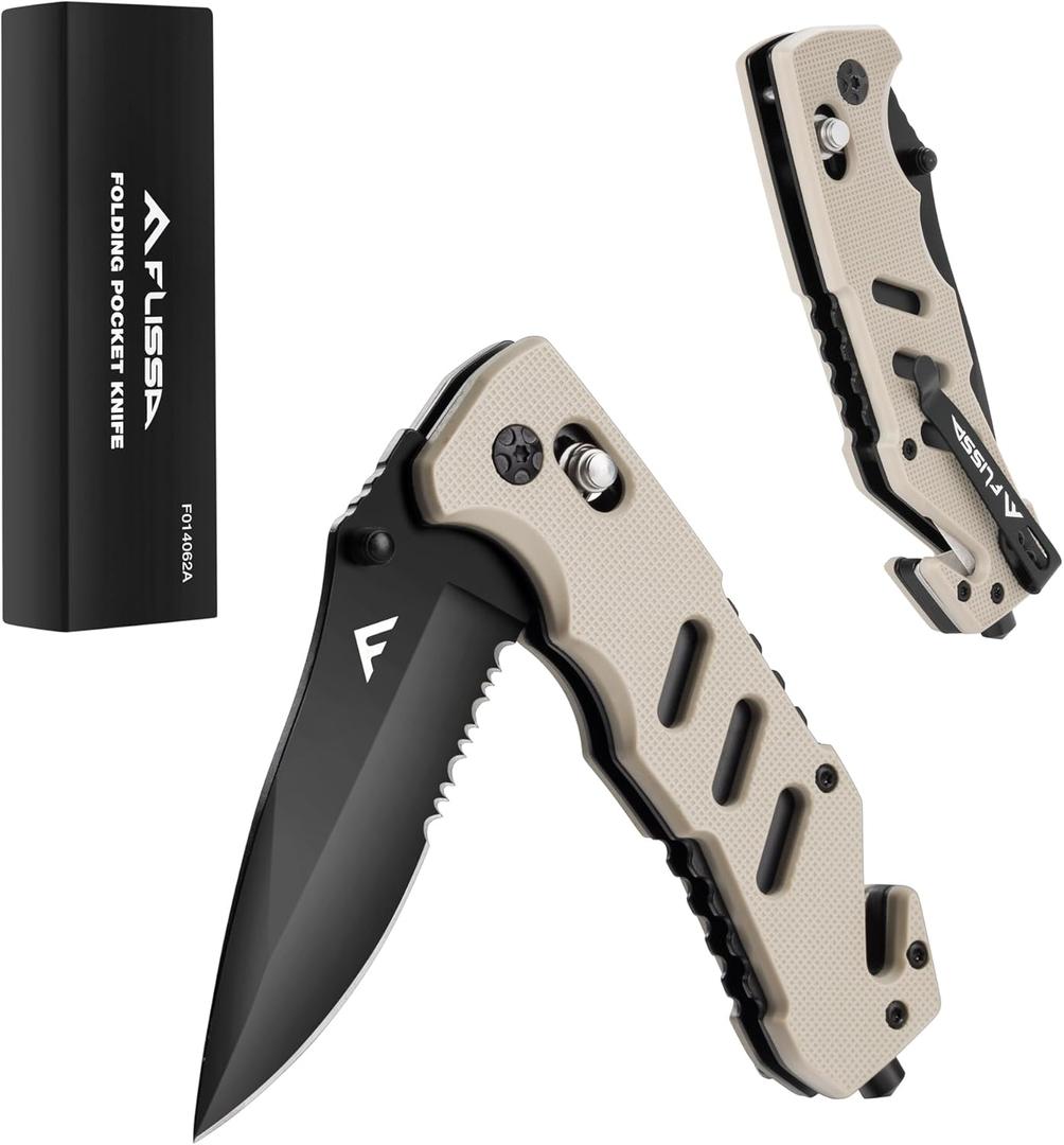FLISSA Folding Pocket Knife with Clip, Glass Breaker and Seatbelt Cutter, Survival Knife for Emergency Rescue Situations, EDC Knife for Tactical, Hunting, Camping, Outdoor, Unique Gifts for Dad, Father (Desert Tan)