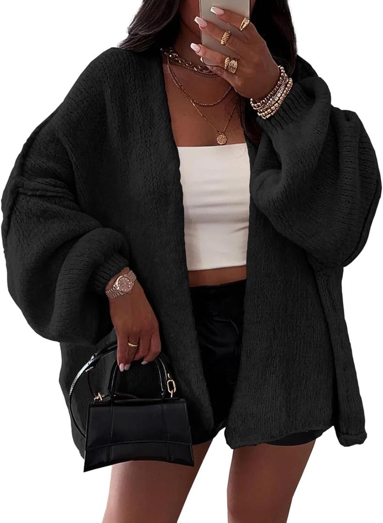 Women's Open Front Fall Sweater Lantern Sleeve Chunky Warm Long Cardigan Trendy Outerwear Coats Black (Black, M)