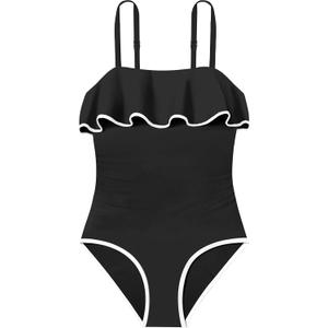 Girls Swimsuit One Piece Swimsuits Ruffle Solid Color Bathing Suit for Teens Contrast Trim Swimwear 9-16Y with Padded
