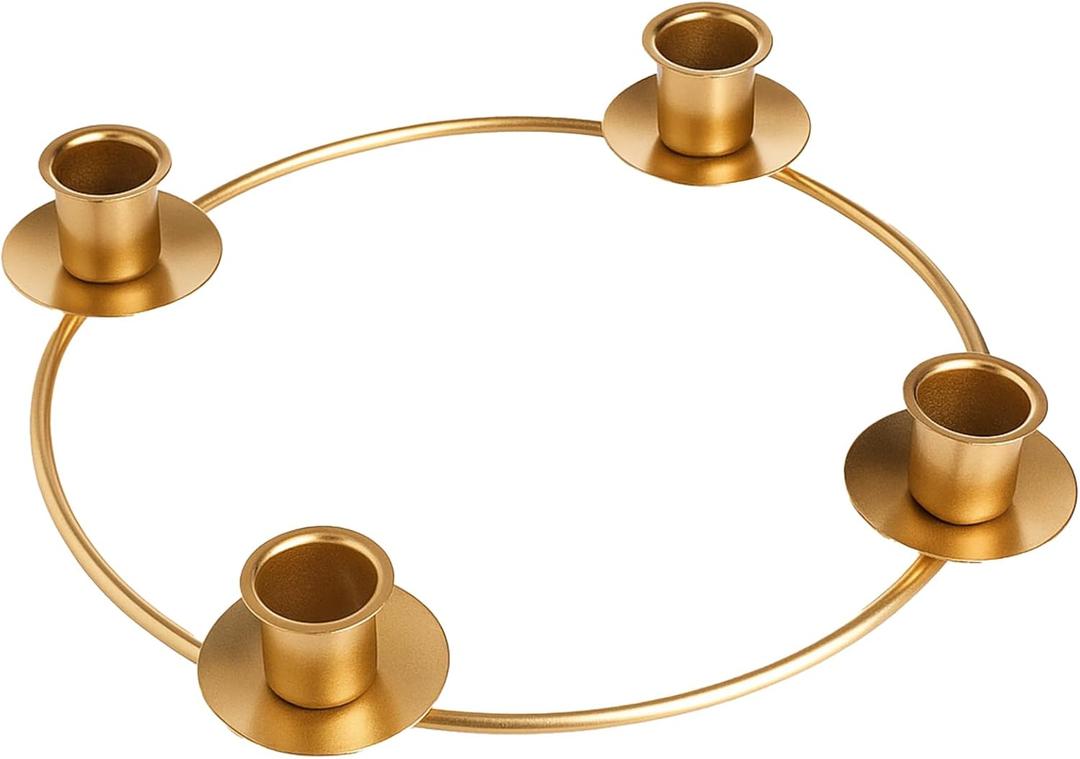 Chengu 1 Pcs Christmas Advent Candle Holder Xmas Metal Advent Wreath Candle Holder Metal Taper 4 Candles Stand for Table Wreath Candelabra Holiday Decor (Gold)