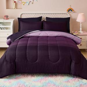 Dinjoy Girls Comforter Set Queen Size 7 Pieces Bed in A Bag Ombre Purple White Rainbow Bedding Set Collections for Teen Women (1 Comforter, 1 Flat Sheet, 1 Fitted Sheet, 2 Pillow Shams, 2 Pillowcases)
