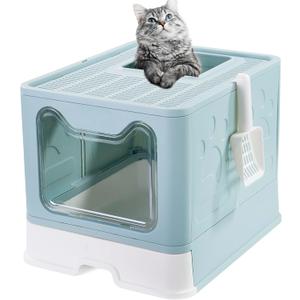 Gefryco Large Litter Box with Cover and Top Sifting lid for Medium and Big Cats, High-Sided Cat Litter Pan with Scoop, Enclosed Cat Box with Drawer, Front Entry Top Exit Kitten Litter Box, (Blue）
