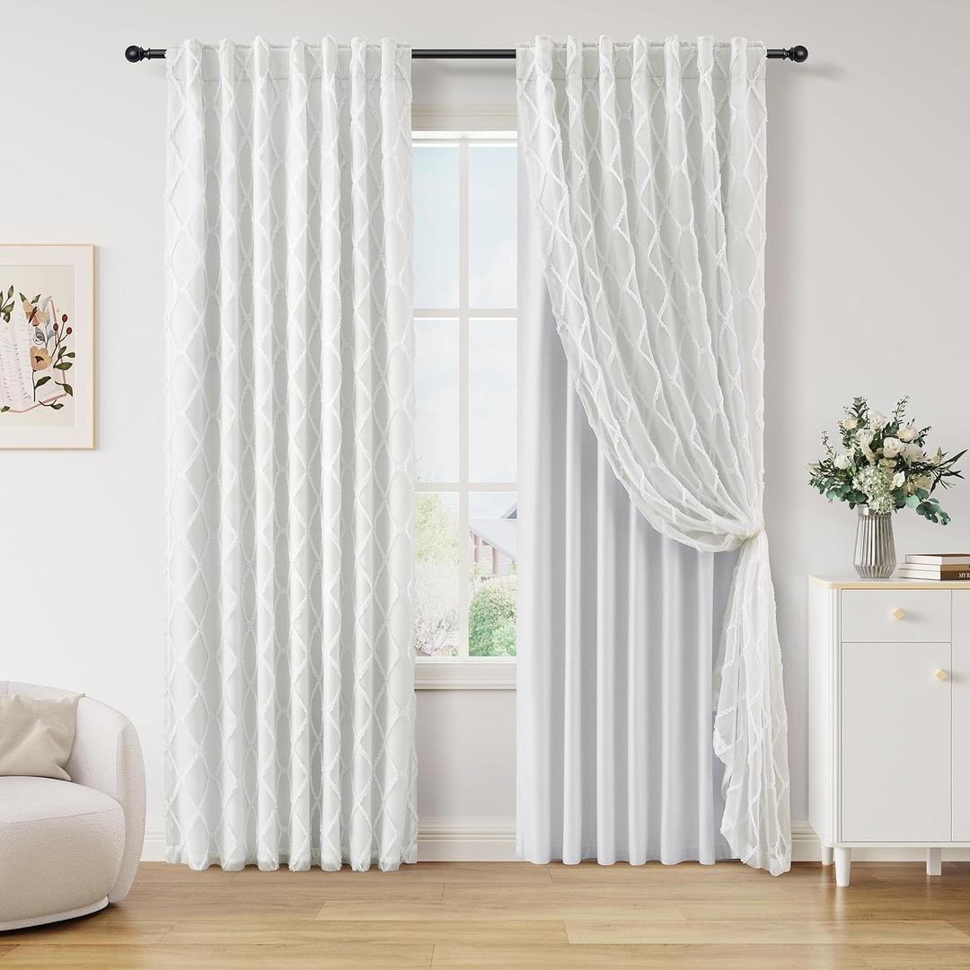Cream 100% Blackout Double Layer Curtains 90 Inches Long 2 Panels for Bedroom Living Room Natural Farmhouse Modern Country Two Layer Curtains Back Tab Room Darkening Ivory White Drapes for Nursery