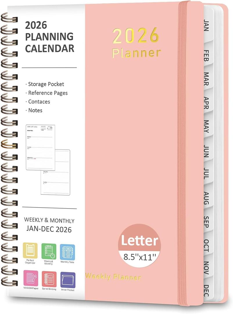 2026 Planner, Weekly and Monthly Calendar Academic Planner, Jan 2026 - Dec 2026, 8.5 x 11'', Planning Agenda Book for Desk Accessories and School Supplies - Letter Size (Pink)