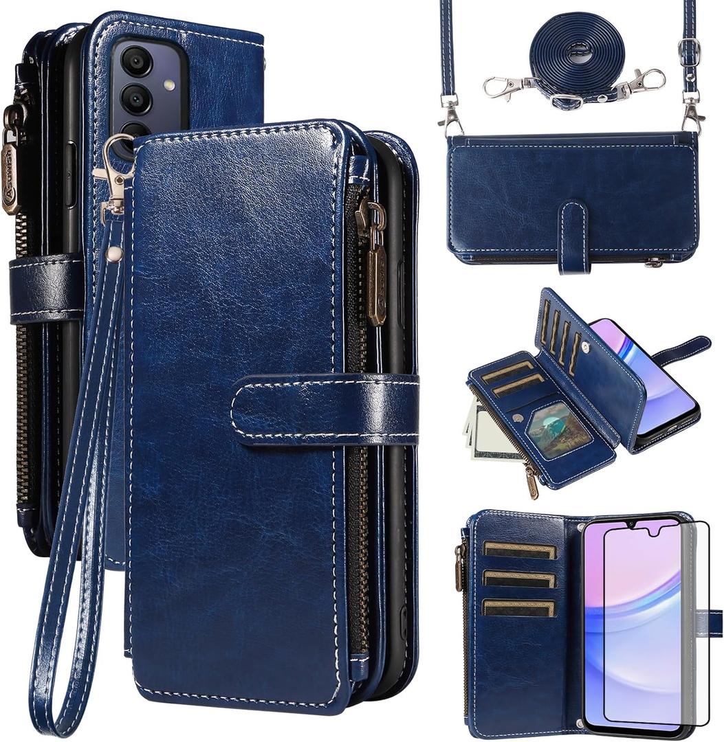 Asuwish Phone Case for Samsung Galaxy A15 5G/4G Cover with Tempered Glass Screen Protector and Lanyard Zipper Wallet Card Holder Slot Stand Mobile Flip Cell Accessories A 15 G5 15A Women Men Blue