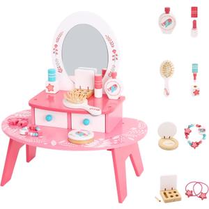 TOOKYLAND Toddler Princess Vanity Play Toy Set, Kids Toy Vanity Wooden Makeup Table for Little Girl - with Makeup Accessories and Mirror
