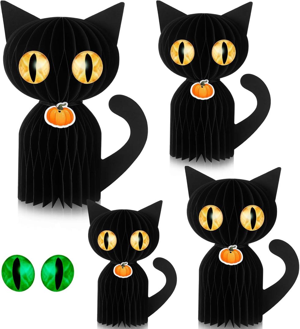 4 Pcs Black Cat Halloween Decor Honeycomb Centerpieces Decorations 3D Paper Black Cat Table Decor Scary Halloween Party Decorations for Farmhouse Home Kitchen Desktop Ornaments