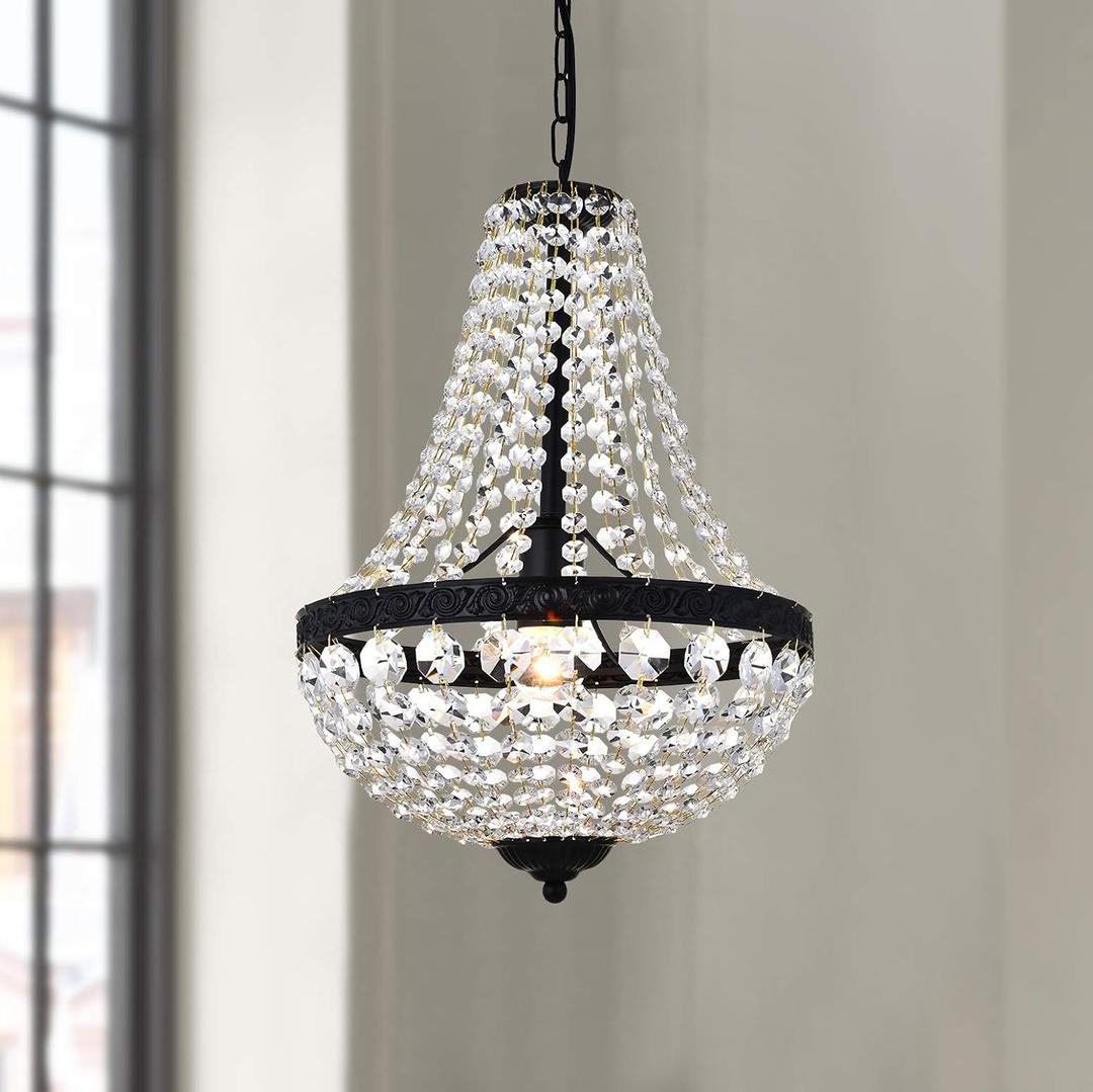 Bestier Modern French Empire Black Finish Farmhouse Crystal Pendant Chandelier Lighting LED Ceiling Light Fixture Lamp Dining Room Bathroom Bedroom Livingroom 1E26 Bulbs Required H18 in X D12 in