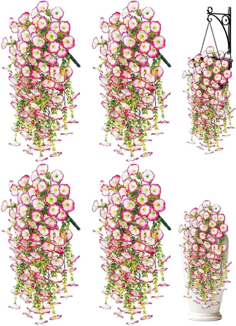 Artificial Hanging Flowers for Outdoors, 4 PCS UV Resistant Morning Glory Flowers with Eucalyptus Leaves, Silk Fake Flower Realistic Faux Plants for Home Patio Porch Garden Decor, White+Pink
