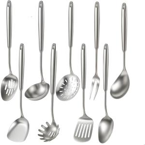 Newness 9 Pcs Cooking Utensils Set, 304 Stainless Steel Kitchen Utensils Set, Metal Kitchen Accessories, Include Soup Ladle, Slotted Skimmer Spoon, Spaghetti Spoon and Spatula, Dishwasher Safe