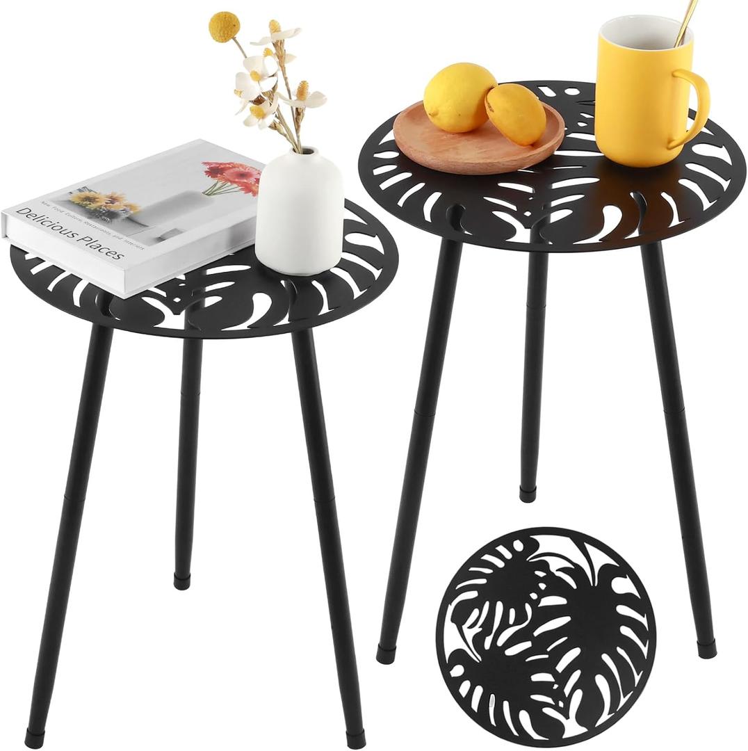 Metal Outdoor Side Tables Set of Two Small Outside Round End Table for Patio Modern Accent Garden Corner Table for Small Spaces, Balcony, Porch, Weather-Resistant, Plant Stand Indoor, Black