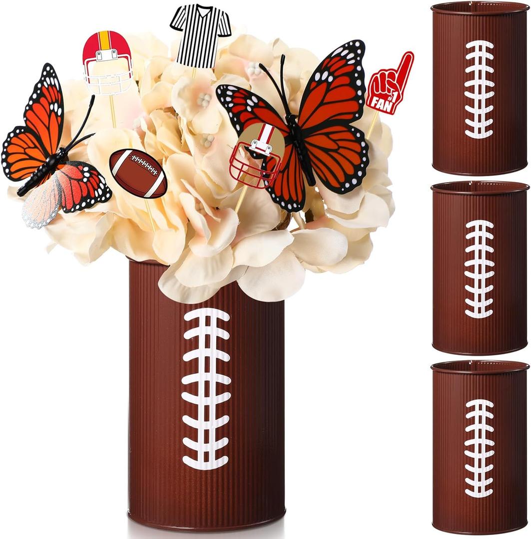 Domensi 3 Pcs Football Table Centerpiece Football Vases Decor Galvanized Metal Vases for Artificial Flowers Rugby Funny Pen Holder Utensil Holder Jars for Kitchen Home Rugby Party Decorations Gifts